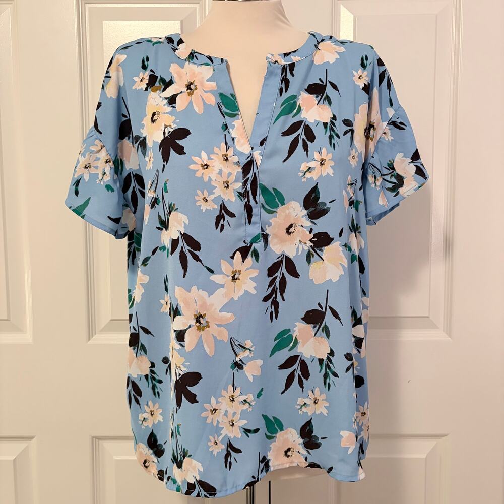 Ann Taylor Periwinkle Floral Flutter Cap Sleeve Womens Large